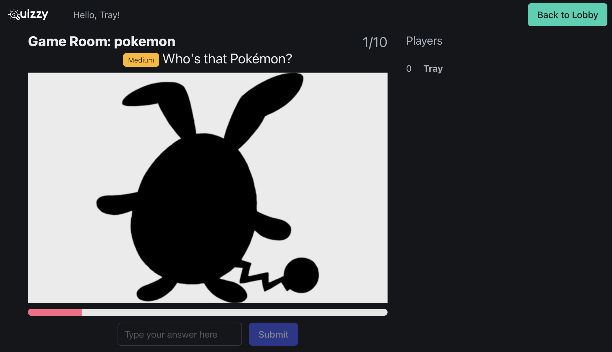 Quizzy Lobby playing a Who's that Pokemon quizz